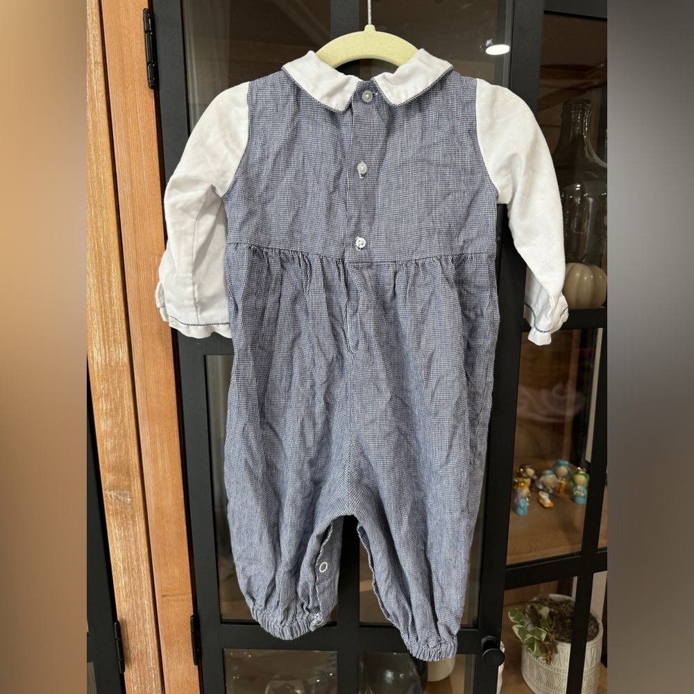Vintage teddy bear coverall embroidered overalls baby boy collar train gingham - Picture 3 of 9